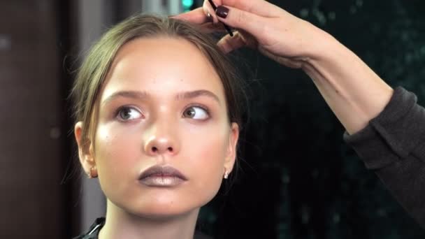 Maquillaje artista peinando cejas usando un cepillo a una adolescente en salón de belleza — Vídeos de Stock