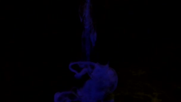 Donkerblauwe inkt mengen in water, draaien zacht onderwater op zwarte achtergrond — Stockvideo