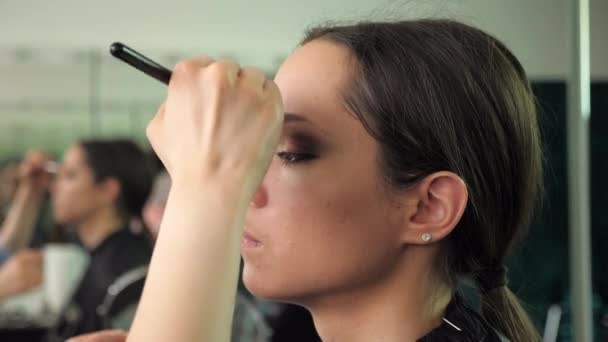 Make-up umělec aplikuje základ na tvář se štětcem na ženu v salonu krásy — Stock video