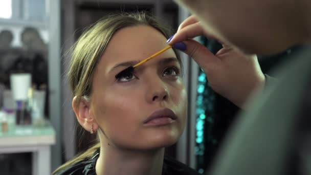 Maquillaje artista aplica rímel en las pestañas a una adolescente en un salón de belleza — Vídeos de Stock