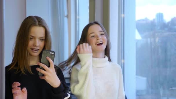 Δύο κορίτσια φωτογραφίζονται στον καθρέφτη σε ένα smartphone, ποζάρουν και γελάνε. — Αρχείο Βίντεο