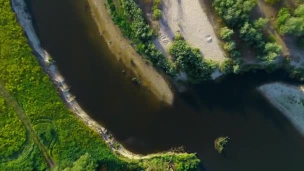 Drone boomerang. Aerial top view læder taske strand nær floden, felt, træer – Stock-video