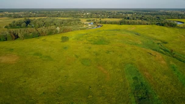 Flygfoto över ett vackert landskap: åkrar skog flod natur — Stockvideo