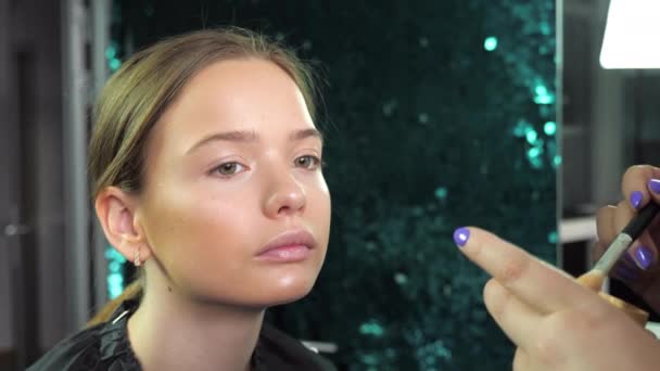 Makeup artist tillämpar pulver i ansiktet med borste till tonåring flicka i salong — Stockvideo