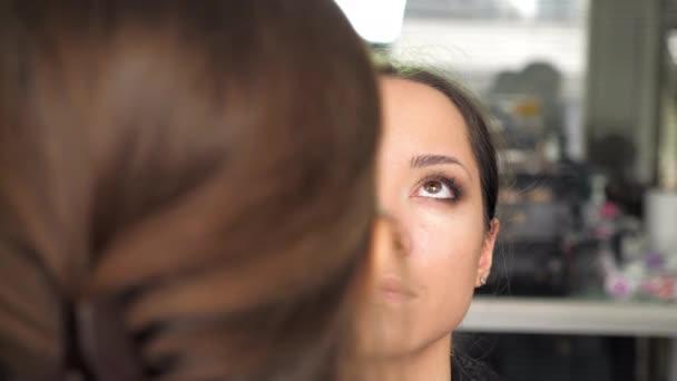 Maquillaje artista aplica fundación en la cara con cepillo a la mujer en el salón de belleza — Vídeos de Stock
