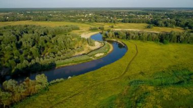 Güzel bir manzaranın havadan görünüşü: Nehir ağaçları, orman doğası.
