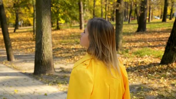 Achteraanzicht vrouw in gele mantel wandelingen herfst park, kijkt rond — Stockvideo