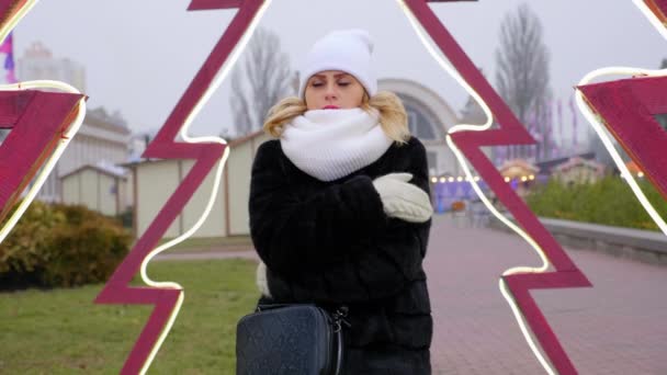 Mujer congelada en sombrero, bufanda, guantes abrazos, se calienta las manos, mira cámara — Vídeos de Stock