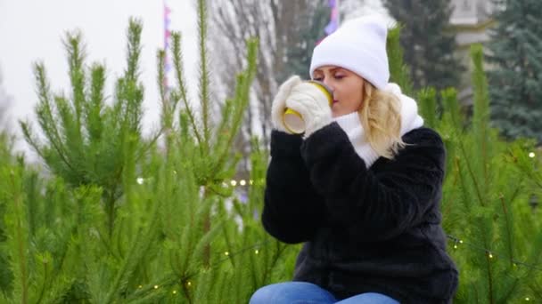 Gelukkige vrouw met warme witte hoed, sjaal, wanten zit te drinken koffie papieren beker — Stockvideo