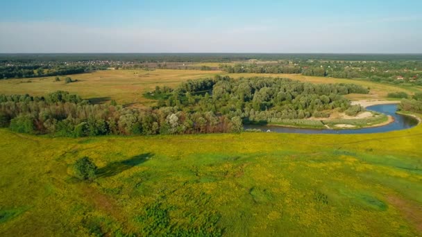 Flygfoto över ett vackert landskap: fält flod träd skog blå himmel natur — Stockvideo
