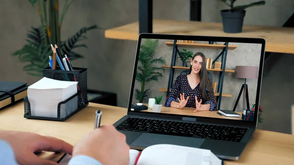Woman teacher in laptop screen teaches by remote web cam, distance education — Stock Photo, Image