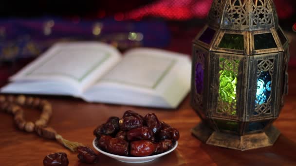 Quran Dates Rosary Oriental Lantern Lamp Fast Breaking Feast Iftar — Stock Video