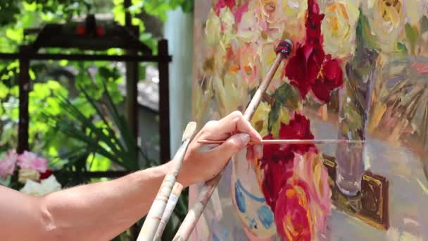 Oil Painting Master Class Artist Paints Picture Still Life Flowers — Stock Video