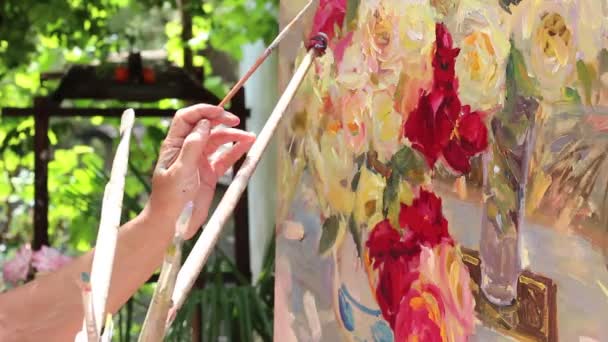 Pittura Olio Tela Natura Morta All Aria Aperta Creazione Artistica — Video Stock