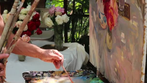 Bunch Roses Artist Draws Oil Painting Canvas Still Life Open — Stock Video