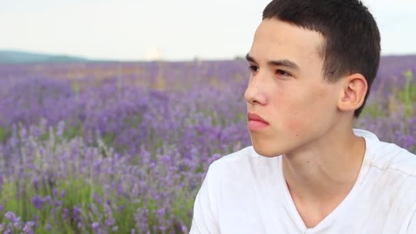 Rüya Gibi Genç Delikanlı Lavanta Bir Alanda Yalnız Yalnız Depresyonda — Stok video