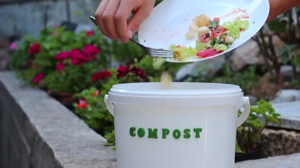 Young Caucasian Man Throwing Leftover Plate Compost Bin Food Waste — Stock Video