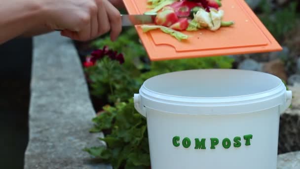 Biomüll Für Den Kompost Mit Gemüse Obst Und Vielfältigen Lebensmitteln — Stockvideo