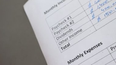 Aile aylık gelir ve giderler. Kişisel bütçe oluşturma. Mortgage, Kiralık, emlak vergileri, tabakaları ücreti, ev sigortası, faturalar (kablo, hücre, elektrik, su), araba kredisi ödeme, hayat sigortası, banka ücretleri, borç ödemeleri