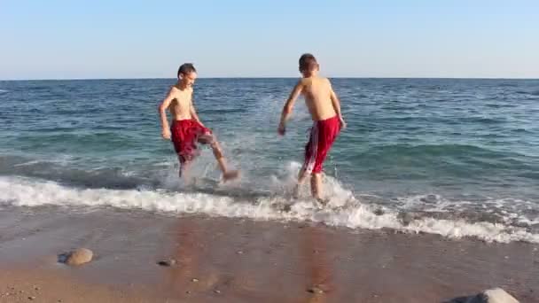 二人の少年が海の波で遊ぶ — ストック動画