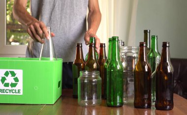 Glass Jars and Bottles Recycling Bin.  Sort Recycling at Home: Glass, Compost, Paper, and Plastic clipart