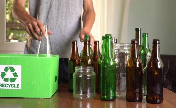 Glass Jars Bottles Recycling Bin Sort Recycling Home Glass Compost — Stock Photo, Image