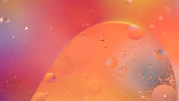 Macro Goutte Huile Dans Eau Jaune Rouge Orange Bulles Violettes — Video