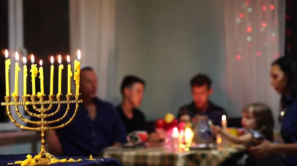 Happy Jewish Family Celebrates Hanukkah Festival Lights Israel People Hanukkah — Stock Photo, Image
