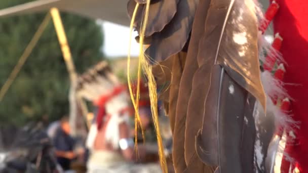 北米のインディアンの伝統的な儀式の歌 パワフルシャーマンドラミングネイティブアメリカンミュージックドラムシャーマニックタントラ — ストック動画