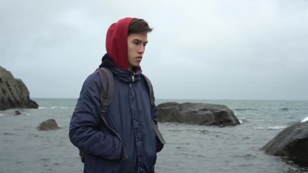 Triste Adolescent Avec Écouteurs Regardant Ocean View Une Journée Nuageuse — Video