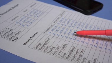 Bir Gelir ve Gider İzleme Belgesi oluşturuluyor. Para kazanma ve harcama. Kağıttaki figürlerin el yazısı ya da anahtarlanması