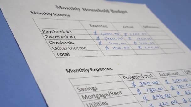 Monthly Household Budget Worksheet Printable Planner Family Finance Money Tracker — Stock Video