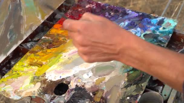 画家在调色板上把彩绘混合在一起 用画笔的调色板 画家画了一幅油画画 艺术调色板 — 图库视频影像