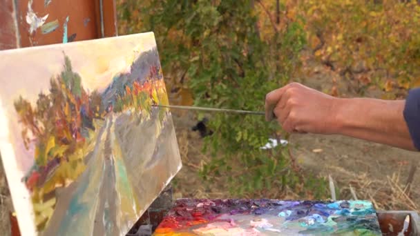 Artista Uomo Con Pennello Tavolozza Pittura Tela Opera Arte Hobby — Video Stock