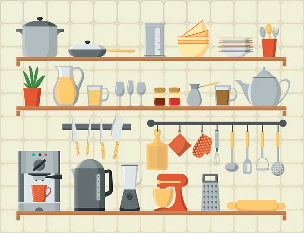 Vektor Flachen Stil Symbole Set Von Küchenutensilien Und Kochen Karte — Stockvektor