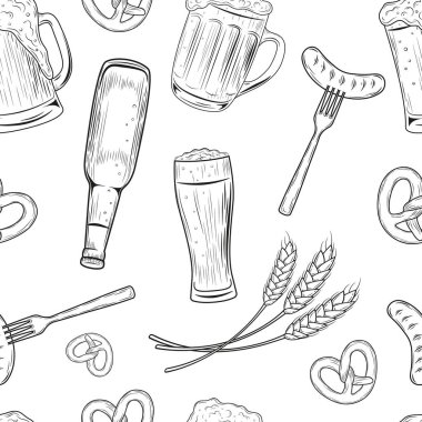 Dikişsiz desen elinde bira ile ilgili farklı nesneleri ile Doodle tarzı çizilmiş. Vektör.