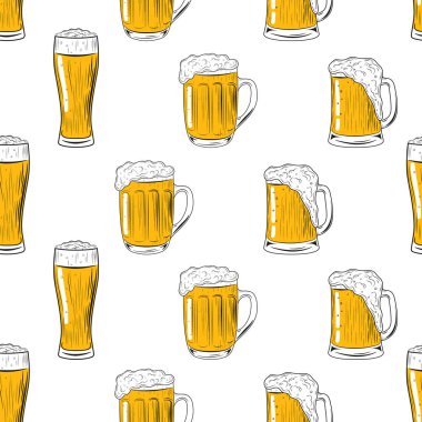 Dikişsiz desen kupalar ve bardak bira. El kart bar menü, Oktoberfest Festival, bira posteri için çizimi. Vektör.