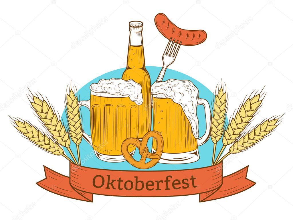Colorful beer bottle and mugs, sausage, pretzel ,wheat. Hand drawing for beer craft, Oktoberfest Festival. Vector