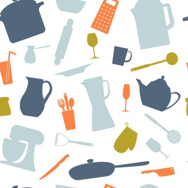 Sorunsuz vektör desen. Mutfak arka plan. Mutfak aletleri ve mutfak aletleri. Sorunsuz mutfak vektör arka plan ile kutsal kişilerin resmi.