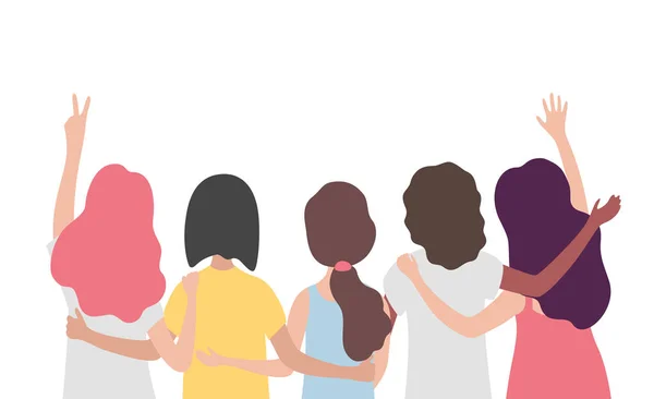 不同的国际妇女或女孩团体拥抱在一起。姐妹情谊，朋友，女权主义者联盟，庆祝活动。女孩在孤立的背景上与复制空间的团队。平面矢量图解. — 图库矢量图片