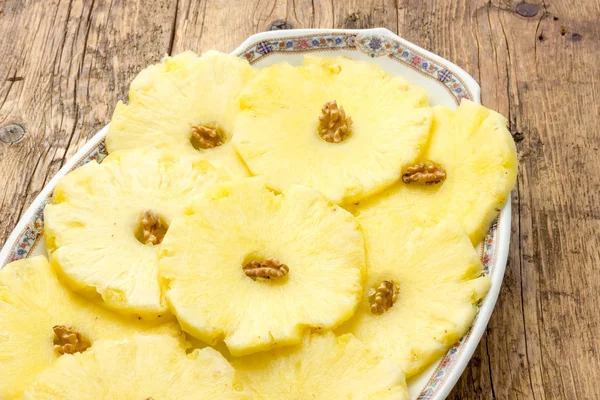 Pineapple slices in a dish