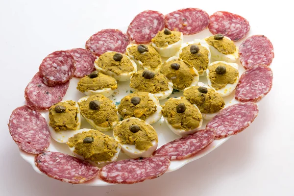 Appetizer Stuffed Eggs Sliced Salami — Stock Photo, Image