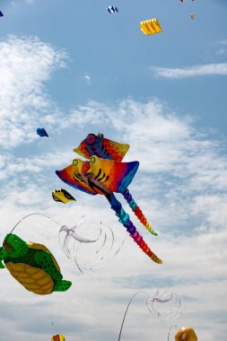 Mavi gökyüzü ve beyaz bulutlu uçurtmalar