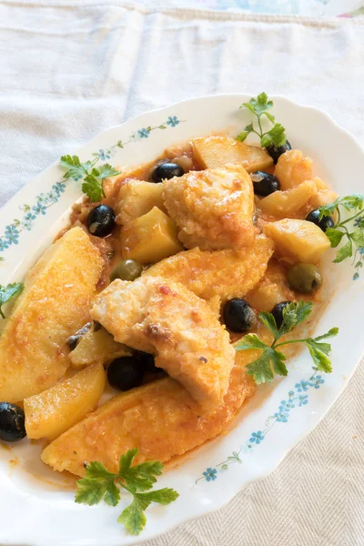 Cod with tomatoes and polenta — Stock Photo, Image