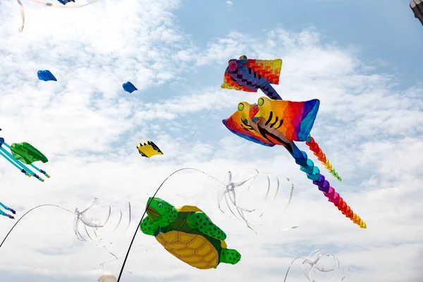 Mavi gökyüzü ve beyaz bulutlu uçurtmalar