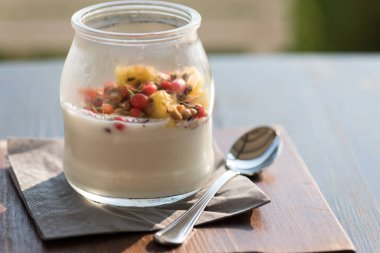 Meyveleri ile yoğurt yakın