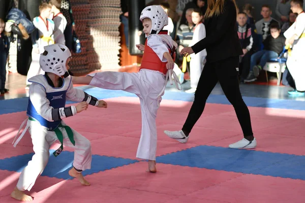 Orenburg Rússia Janeiro 2018 Crianças Competem Taekwondo Championship School Olympic — Fotografia de Stock