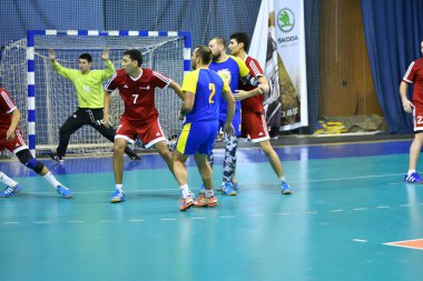 Orenburg, Rusya Federasyonu - February13, 2018 yıl: boys oyun hentbol Uluslararası hentbol turnuvası ilk Orenburg Vali il Ivan İvanoviç Nepluev anısına olarak