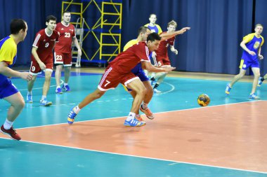 Orenburg, Rusya Federasyonu - February13, 2018 yıl: boys oyun hentbol Uluslararası hentbol turnuvası ilk Orenburg Vali il Ivan İvanoviç Nepluev anısına olarak