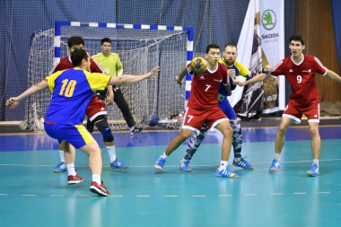 Orenburg, Rusya Federasyonu - February13, 2018 yıl: boys oyun hentbol Uluslararası hentbol turnuvası ilk Orenburg Vali il Ivan İvanoviç Nepluev anısına olarak